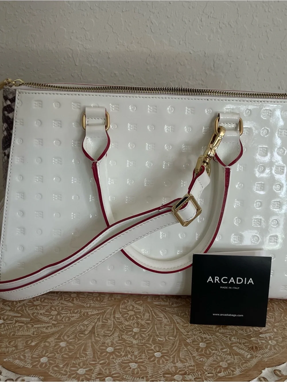 Arcadia White Patent Tote with Red Trim and Gold Hardware